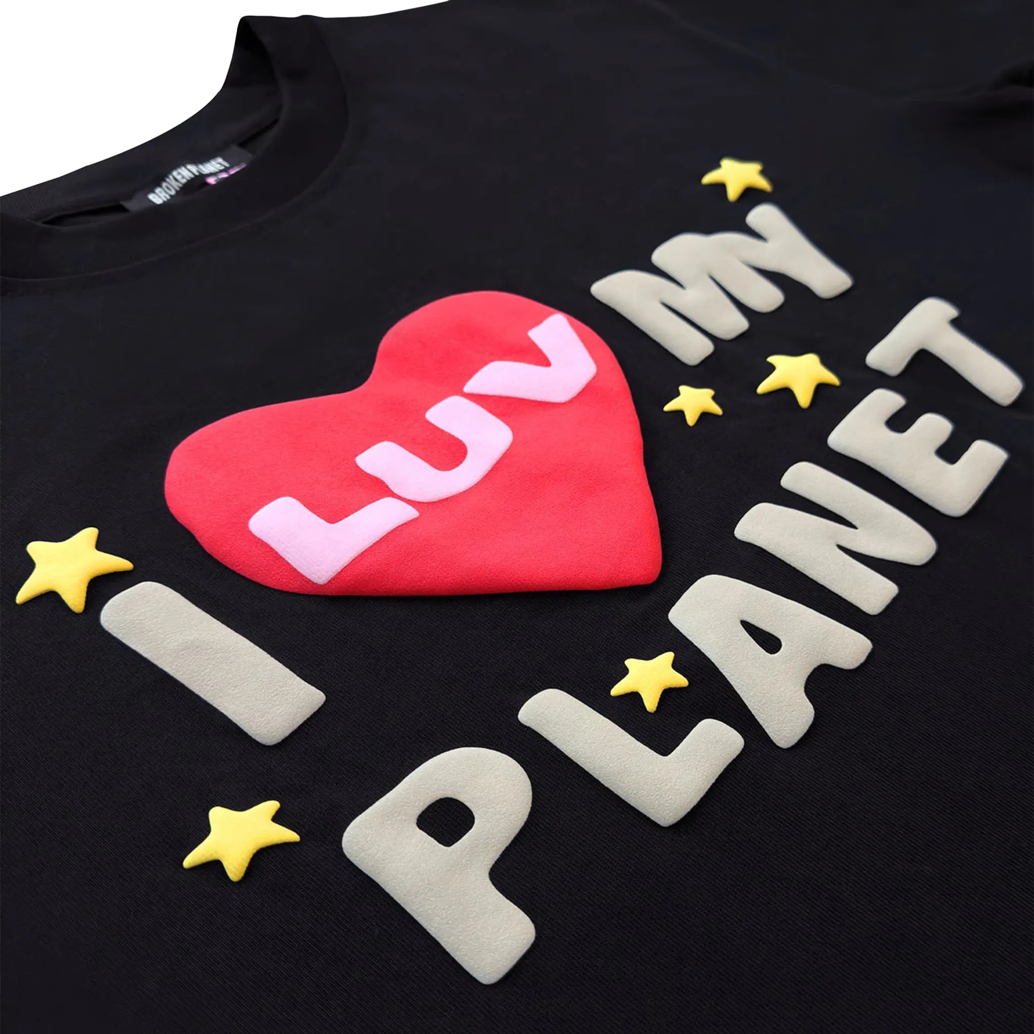 Close up of Broken Planet Luv My Planet Midnight Black T Shirt
